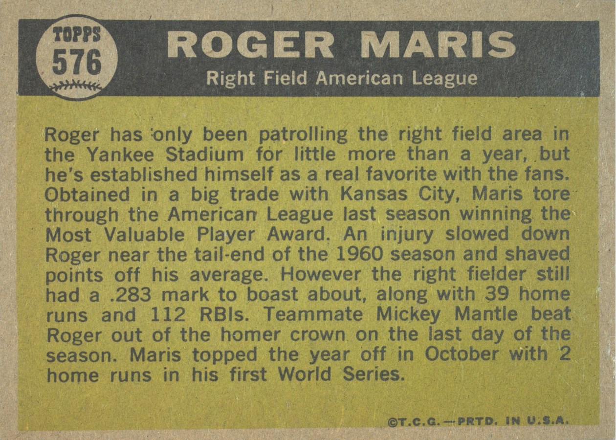1961 Topps #576 Roger Maris card back