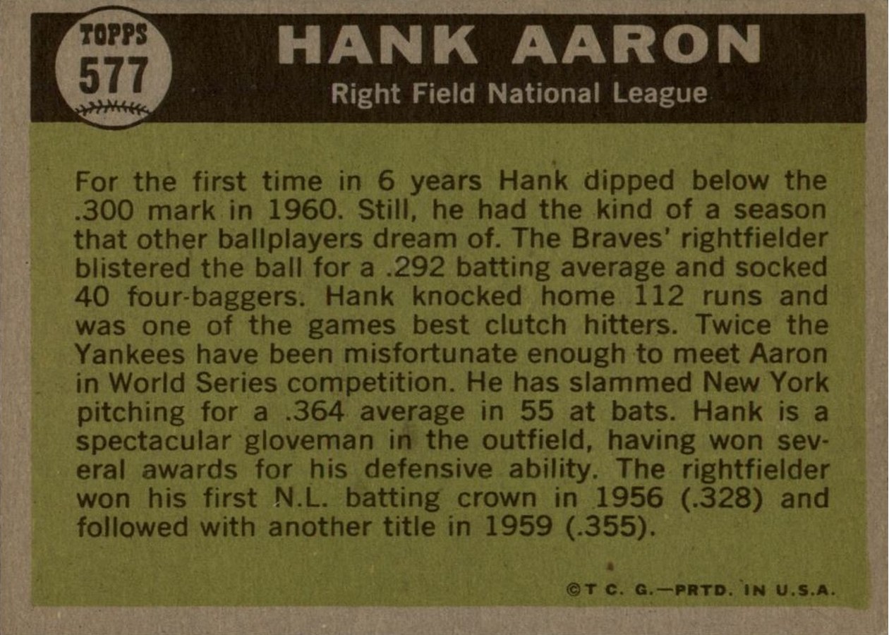 1961 Topps #577 Hank Aaron card back