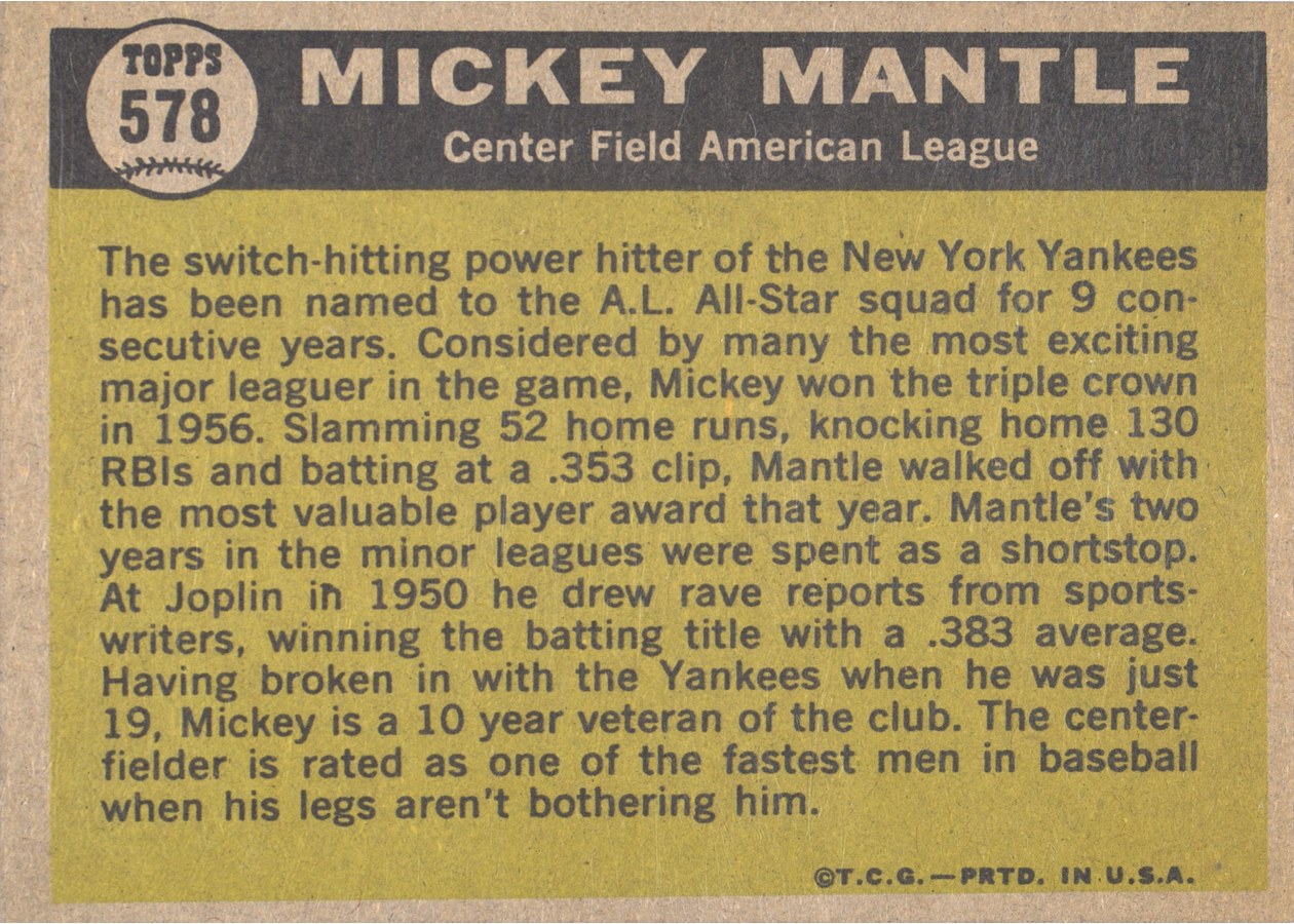 1961 Topps #578 Mickey Mantle card back