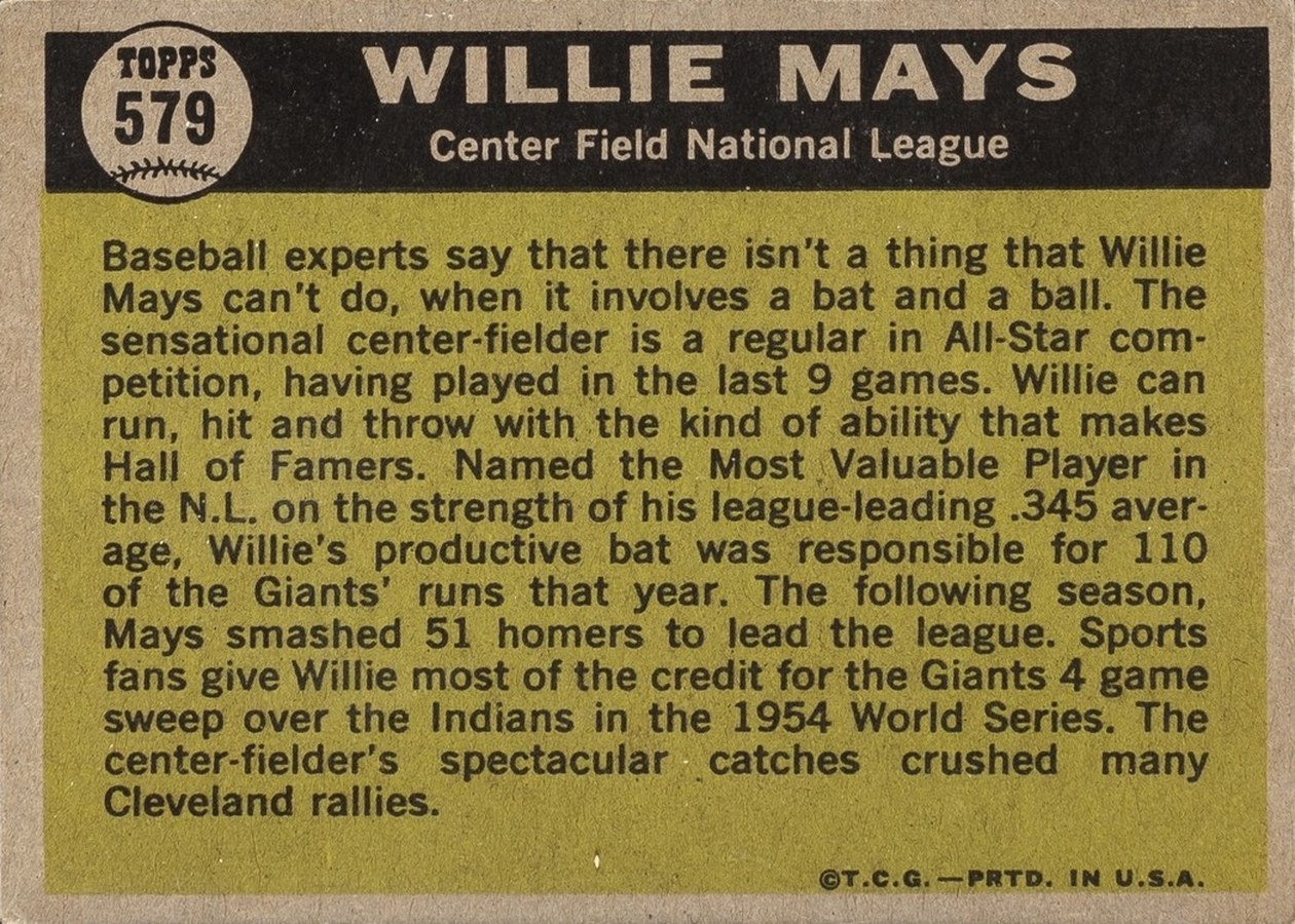 1961 Topps #579 Willie Mays card back