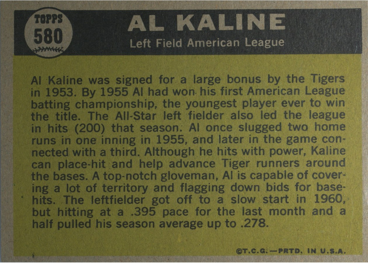 1961 Topps #580 Al Kaline card back
