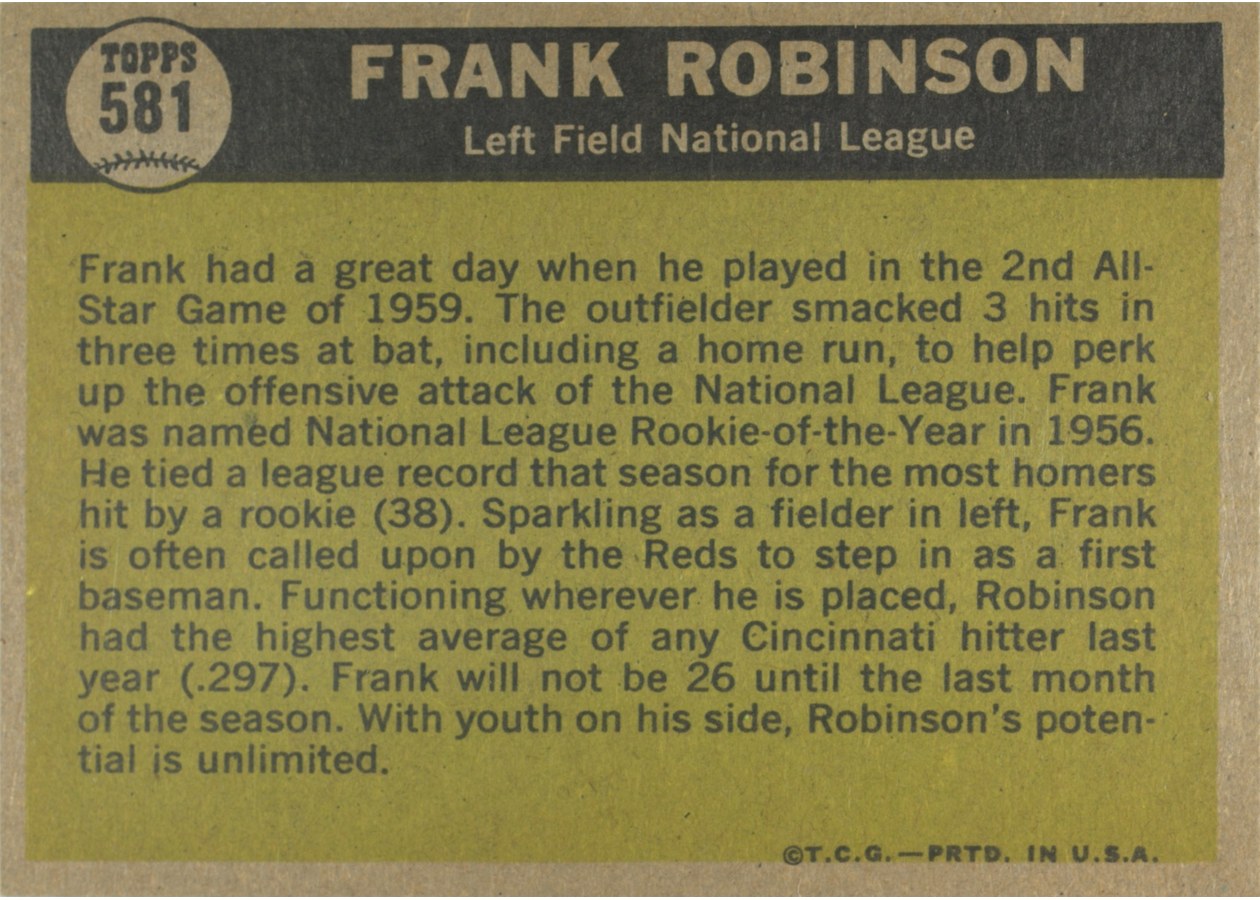1961 Topps #581 Frank Robinson card back
