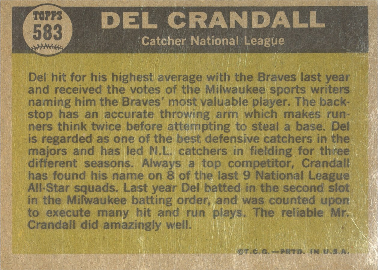 1961 Topps #583 Del Crandall card back