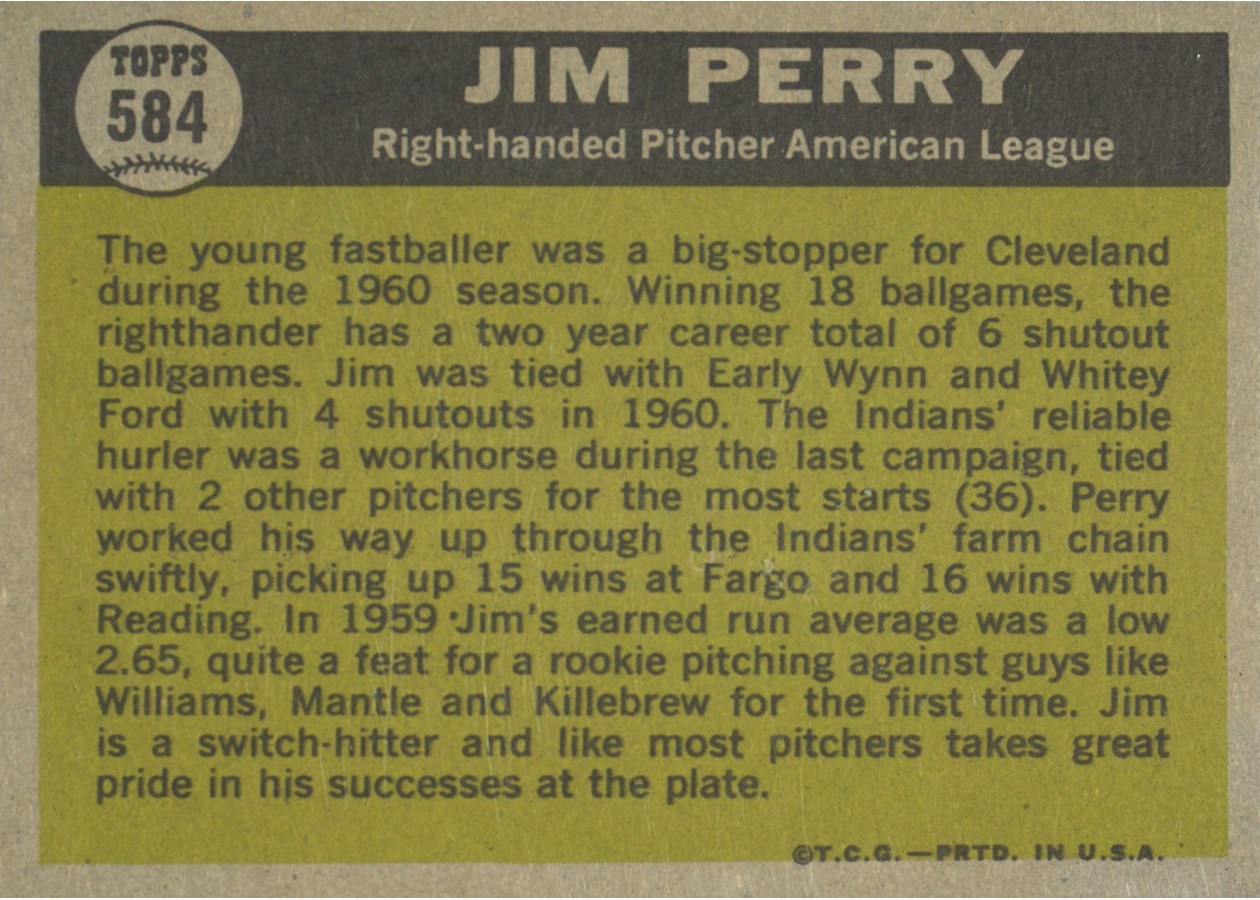 1961 Topps #584 Jim Perry card back