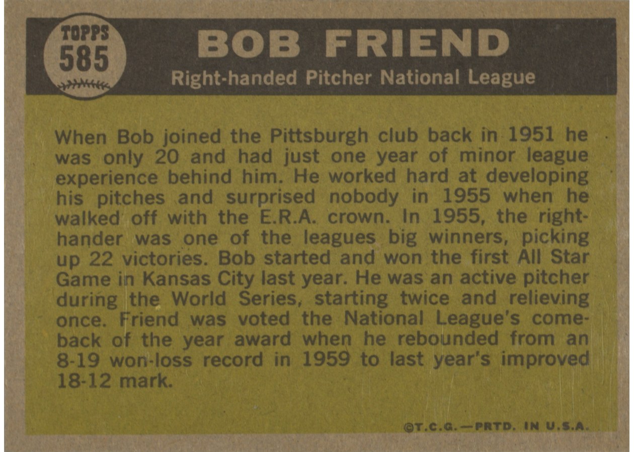 1961 Topps #585 Bob Friend card back