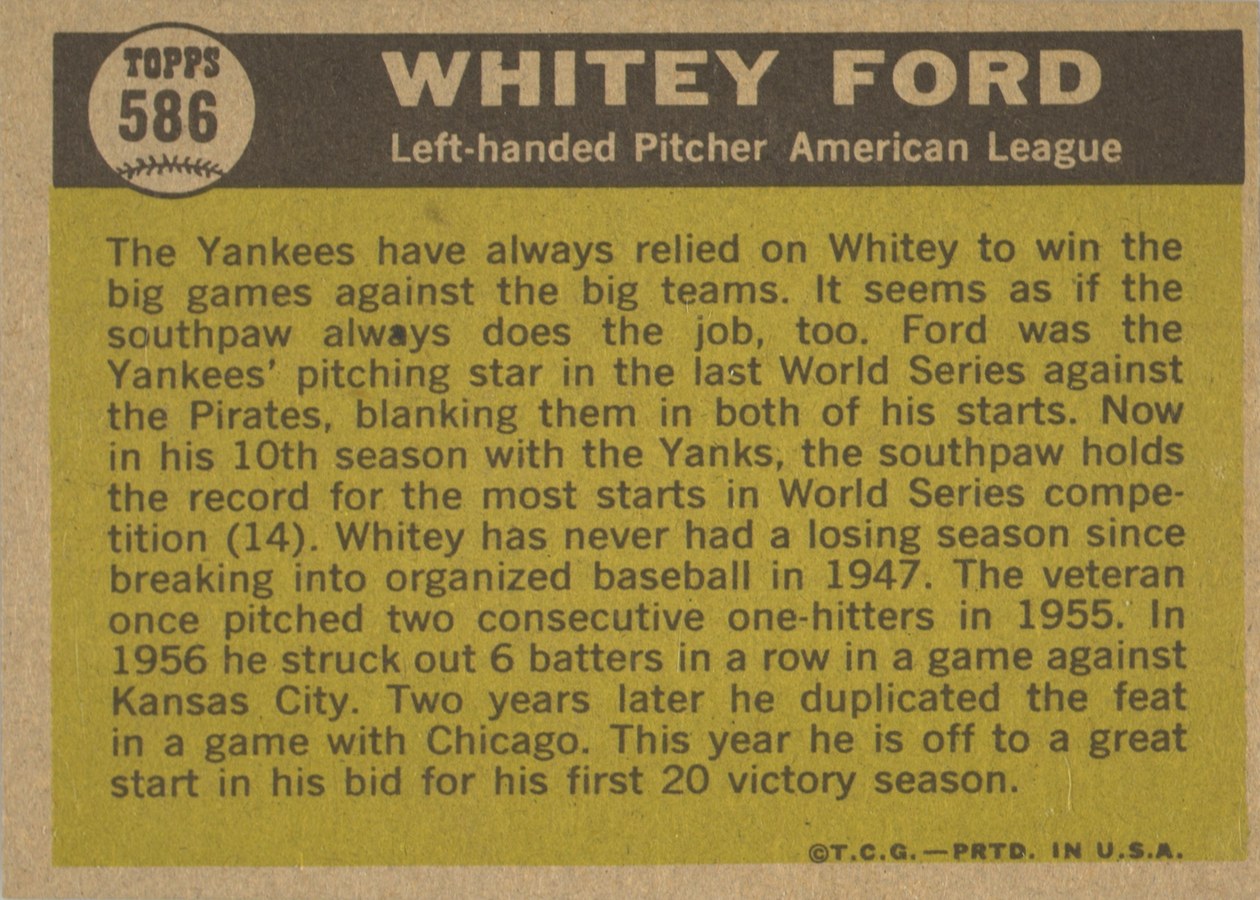 1961 Topps #586 Whitey Ford card back