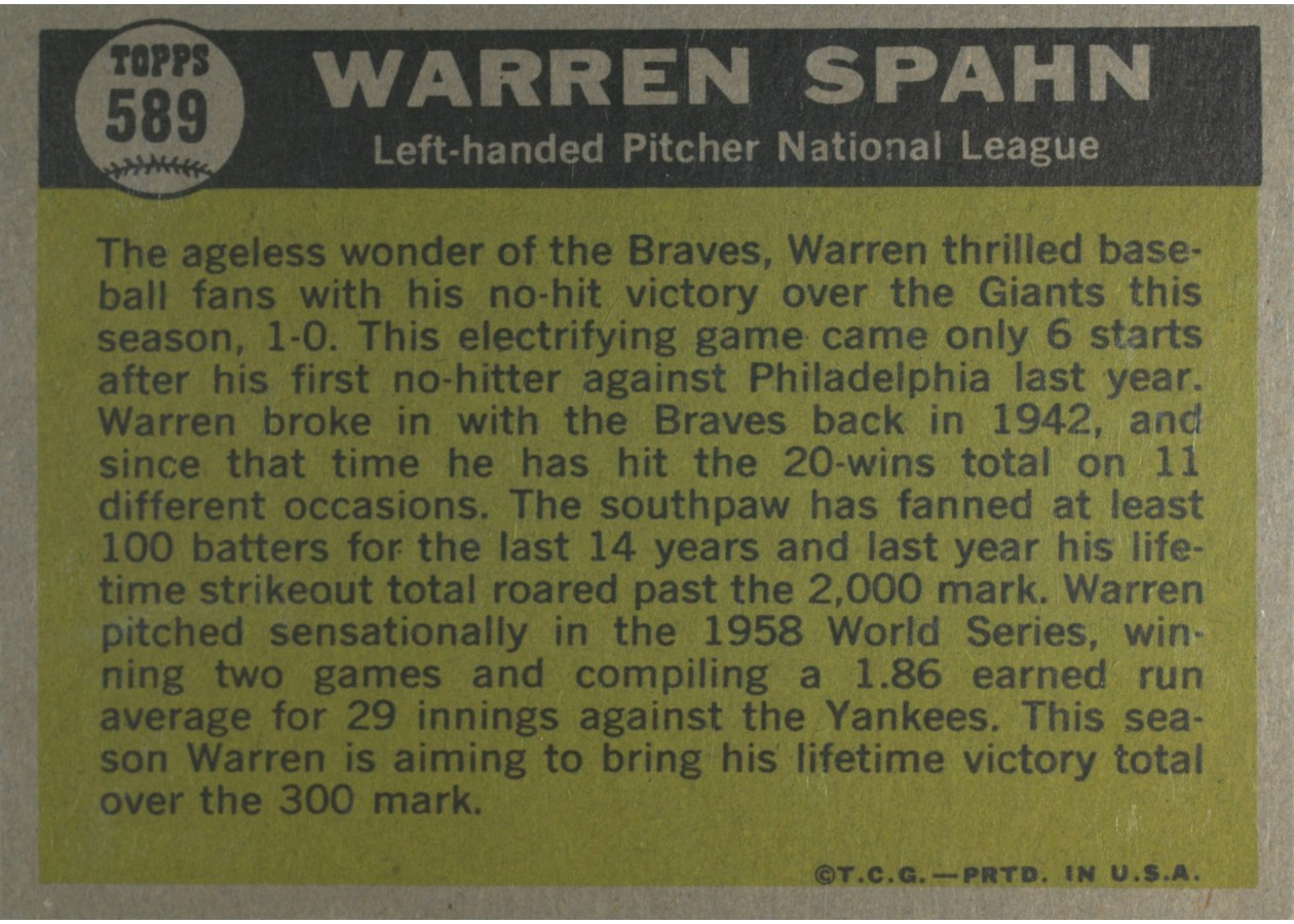 1961 Topps #589 Warren Spahn card back