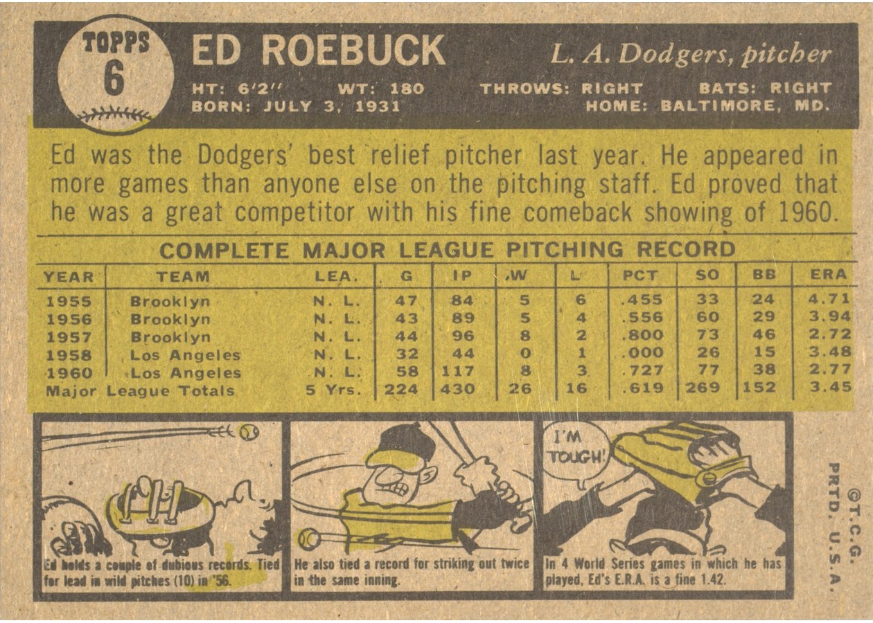 1961 Topps #6 Ed Roebuck card back