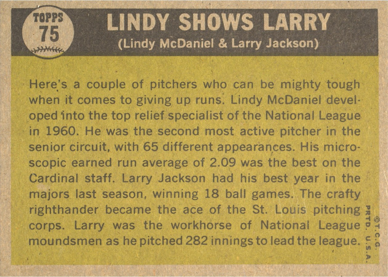 1961 Topps #75 Lindy Shows Larry card back
