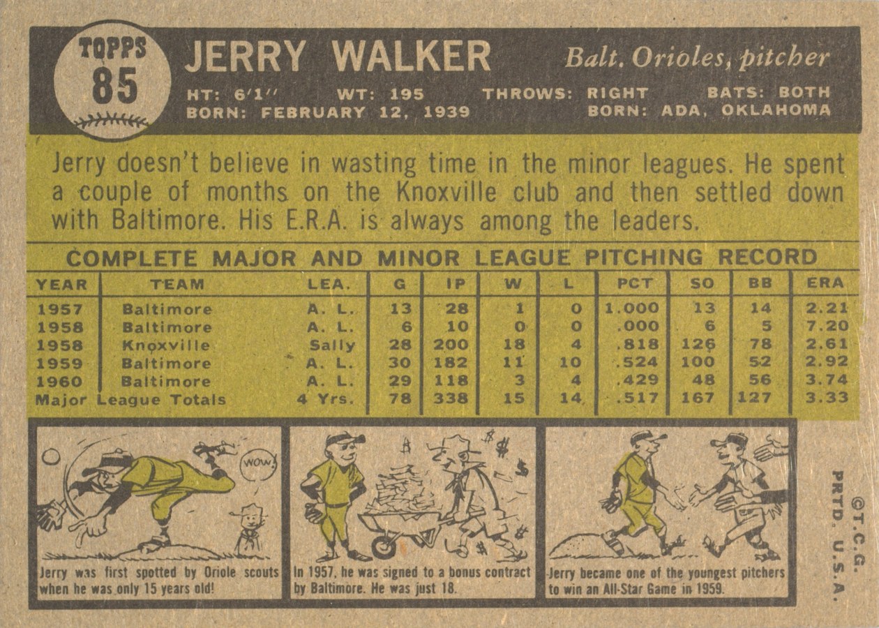 1961 Topps #85 Jerry Walker card back