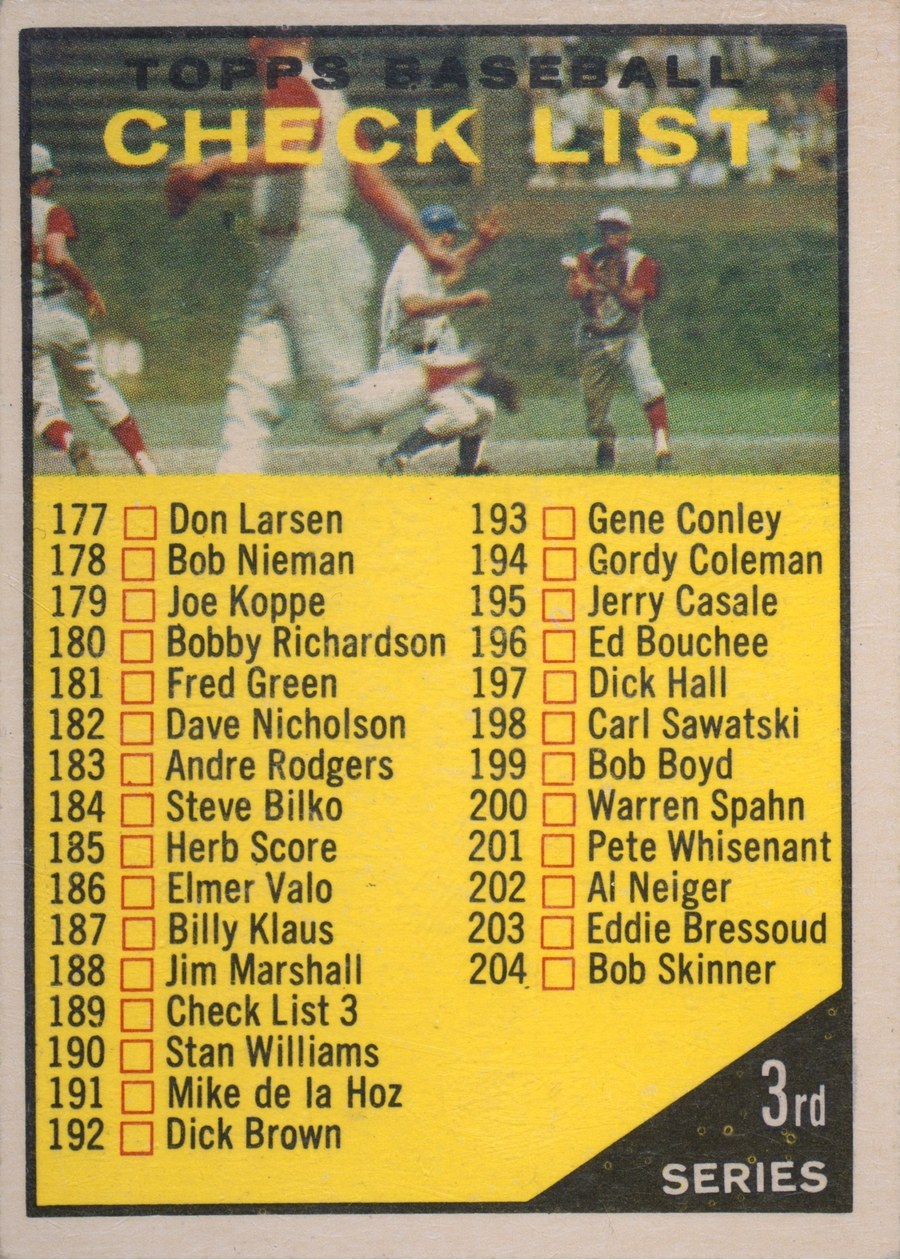 1961 Topps #189 Checklist 177-264 (3rd Series)