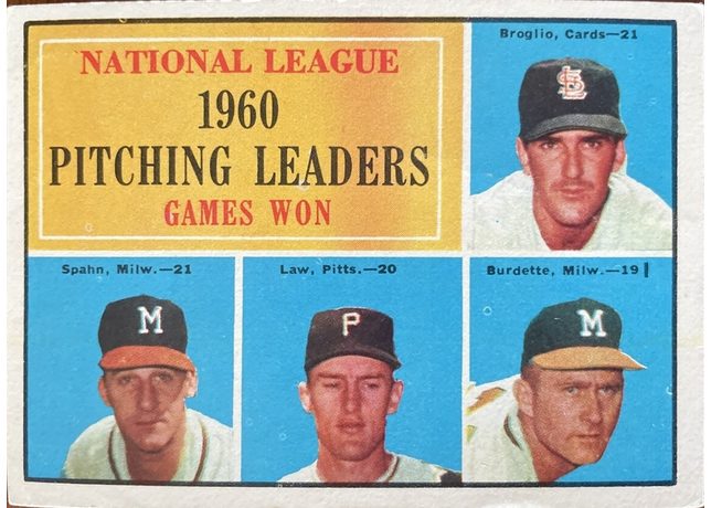 1961 Topps #47 National League 1960 Pitching Leaders Games Won - 47b - Vertical Black Bar