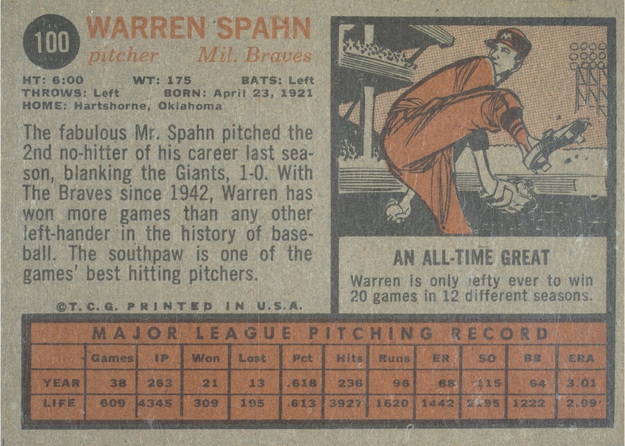 1962 Topps #100 Warren Spahn card back
