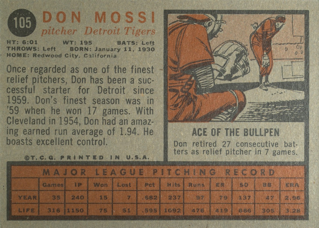 1962 Topps #105 Don Mossi card back