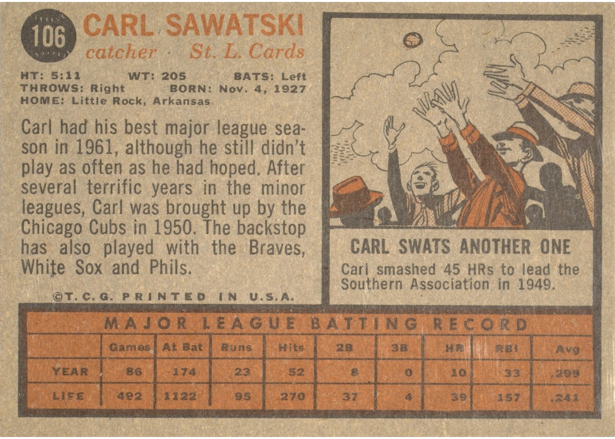 1962 Topps #106 Carl Sawatski card back