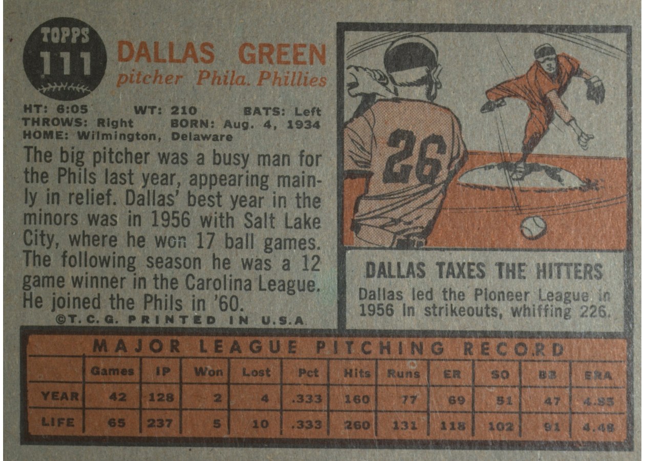 1962 Topps #111 Dallas Green card back