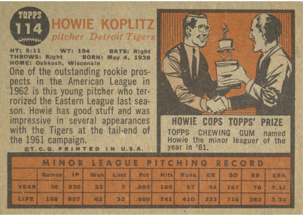1962 Topps #114 Howie Koplitz card back