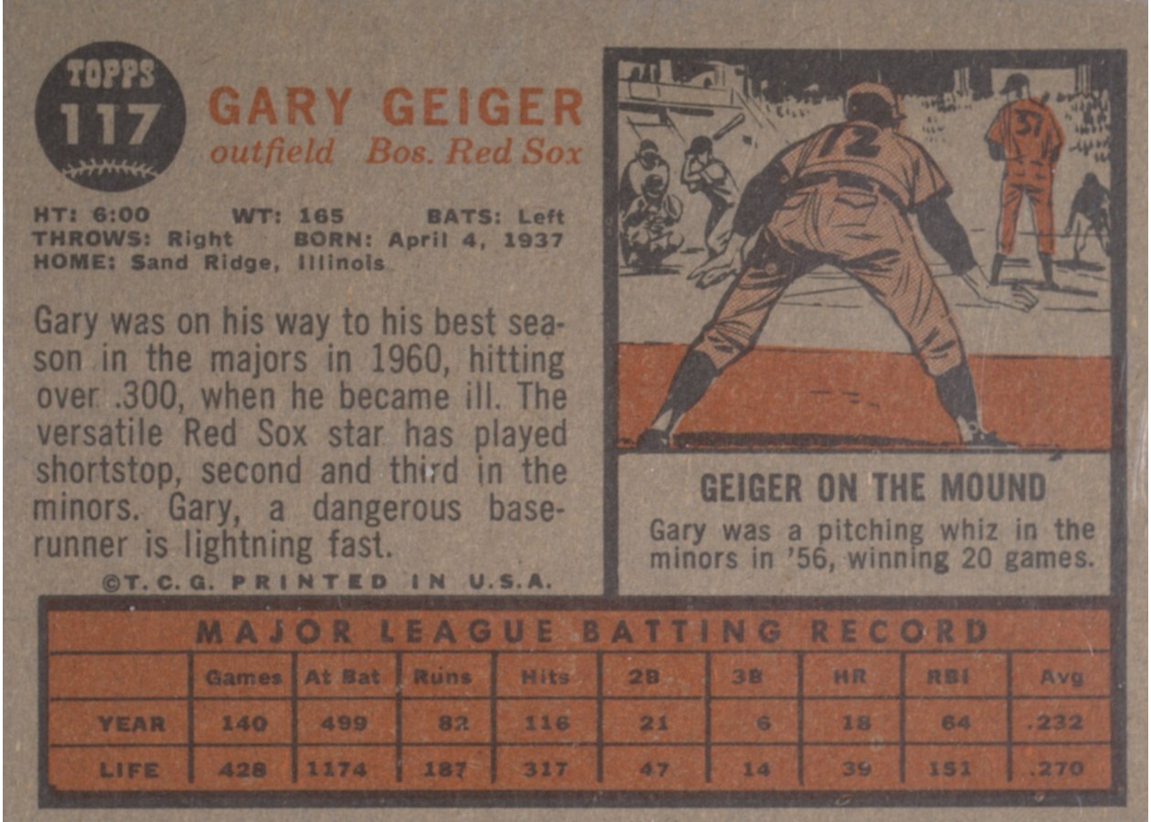 1962 Topps #117 Gary Geiger card back