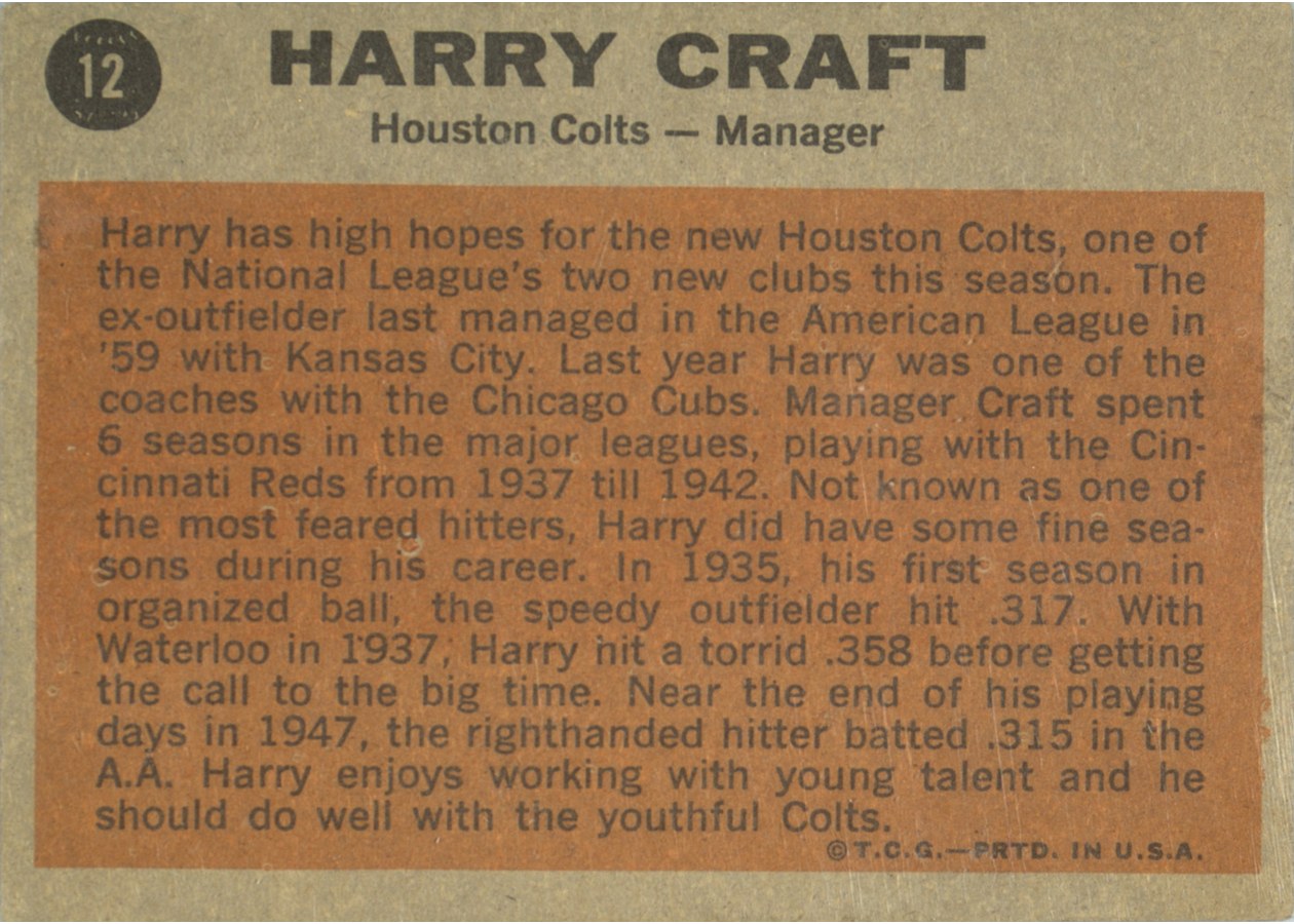 1962 Topps #12 Harry Craft card back