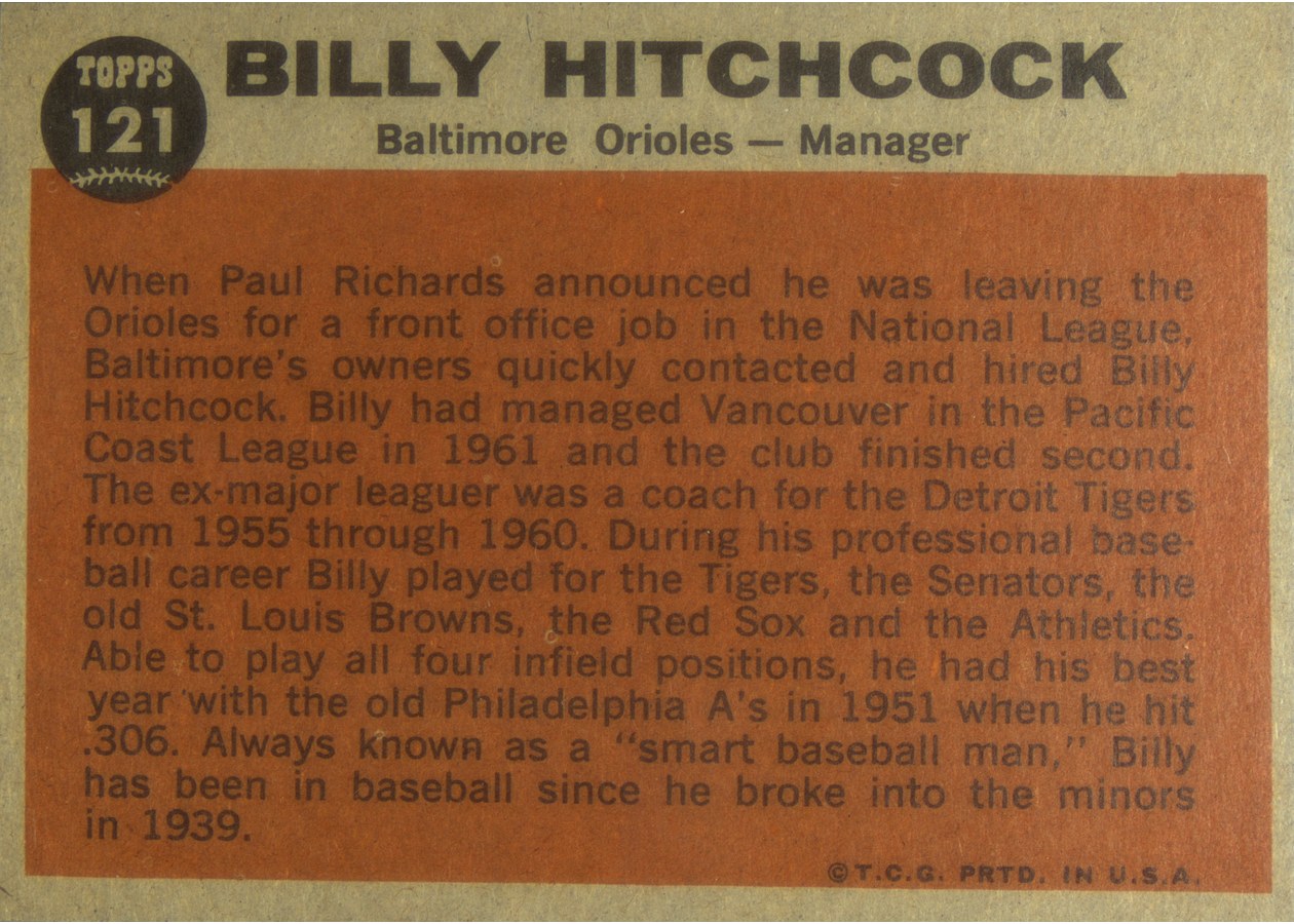 1962 Topps #121 Billy Hitchcock card back