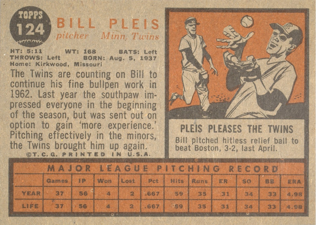 1962 Topps #124 Bill Pleis card back