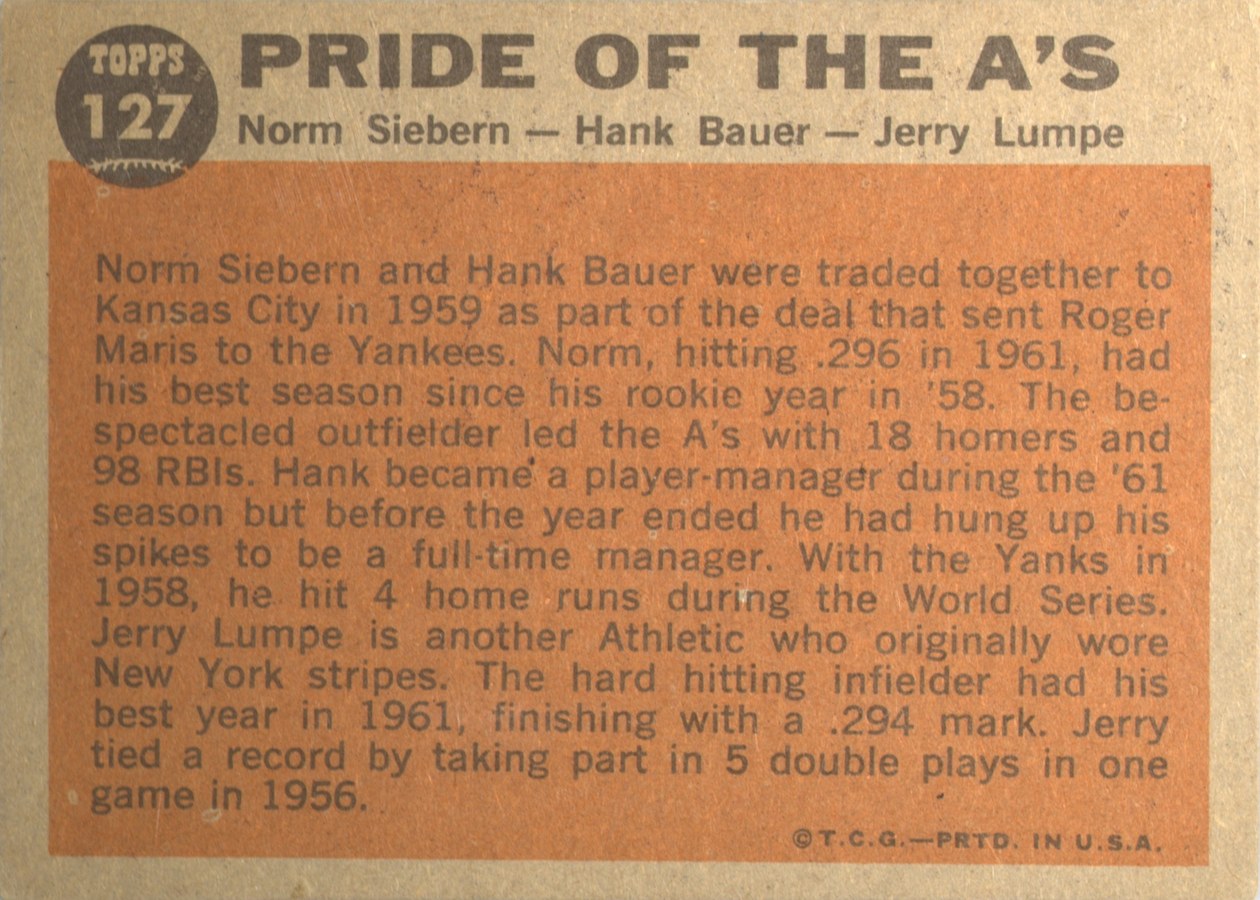1962 Topps #127 Pride of the A's card back