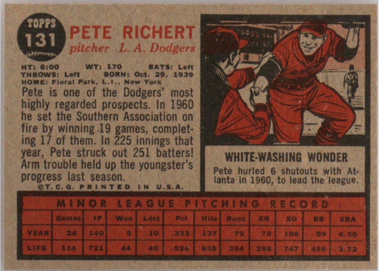 1962 Topps #131 Pete Richert card back