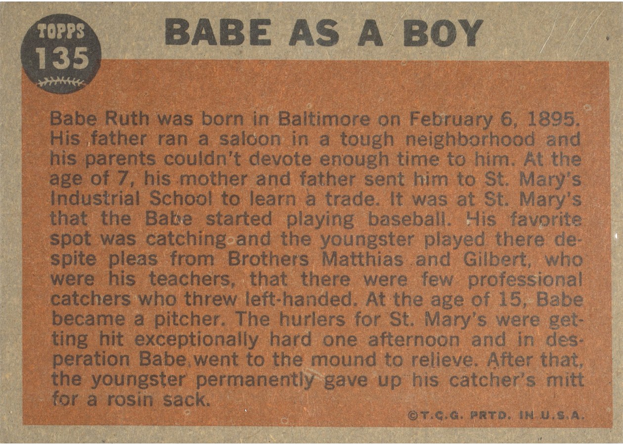 1962 Topps #135 Babe Ruth Special: Babe As A Boy card back