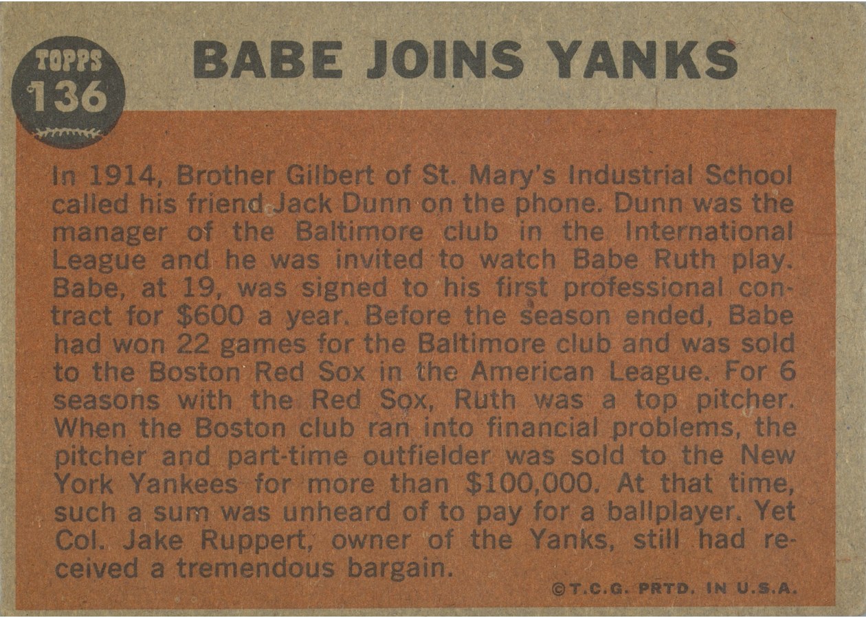 1962 Topps #136 Babe Ruth Special: Babe Joins Yanks card back