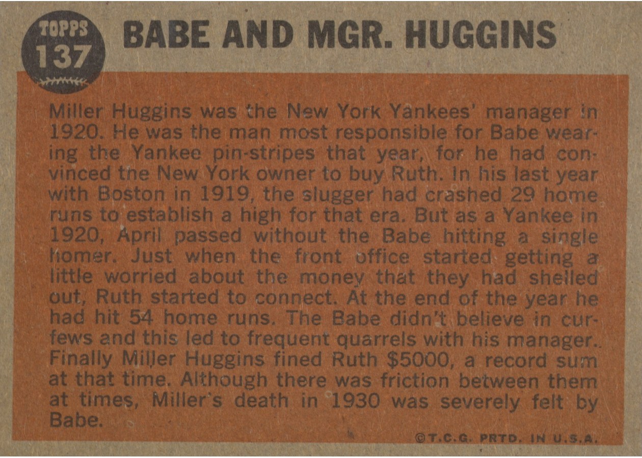 1962 Topps #137 Babe Ruth Special: Babe and Mgr. Huggins card back