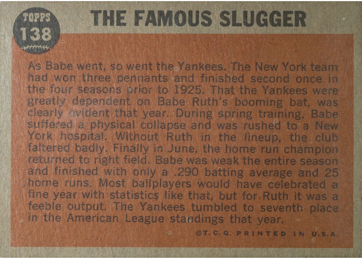 1962 Topps #138 Babe Ruth Special: The Famous Slugger card back