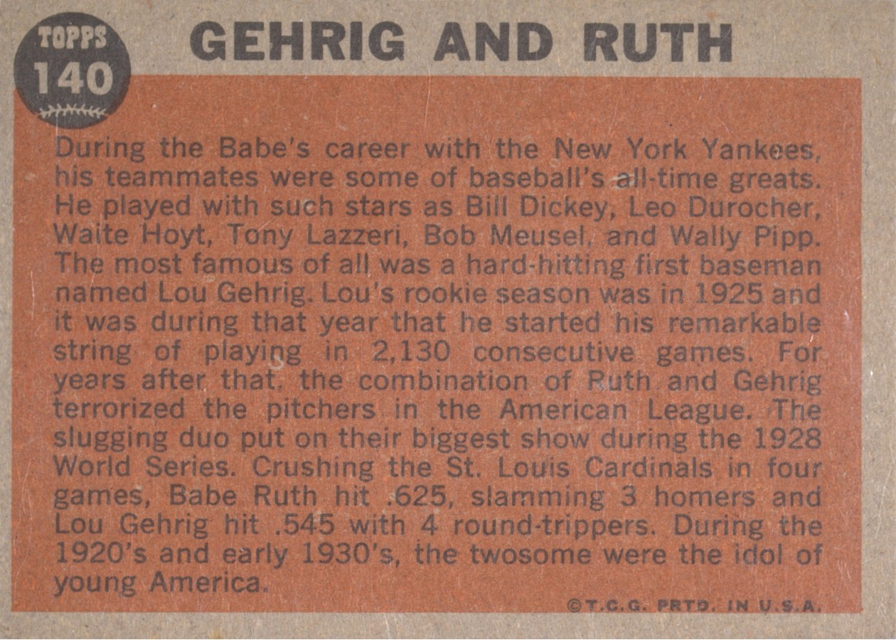 1962 Topps #140 Babe Ruth Special: Gehrig and Ruth card back