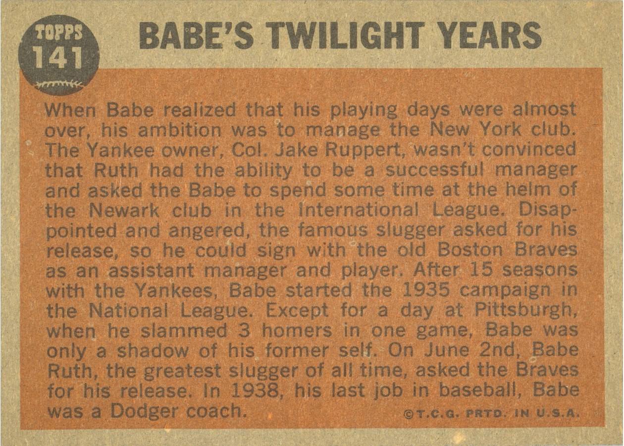 1962 Topps #141 Babe Ruth Special: Twilight Years card back