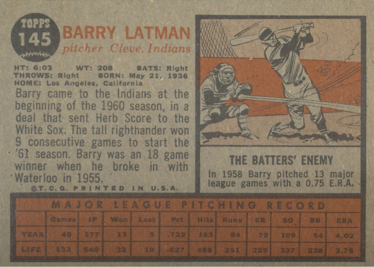 1962 Topps #145 Barry Latman card back