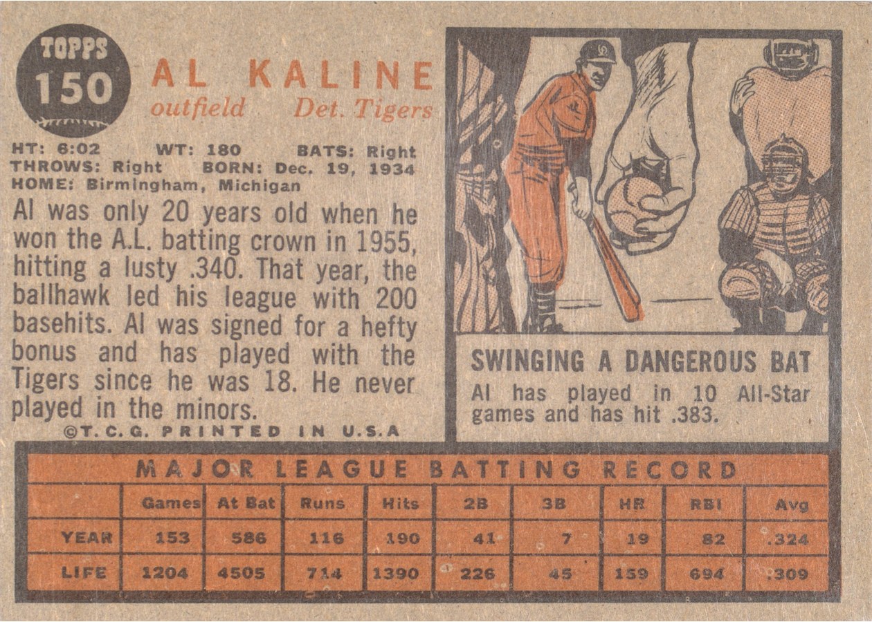1962 Topps #150 Al Kaline card back