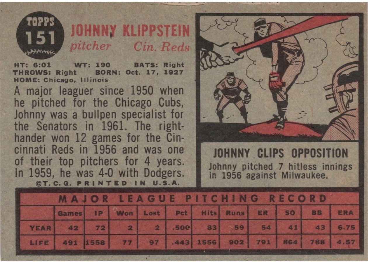 1962 Topps #151 Johnny Klippstein card back