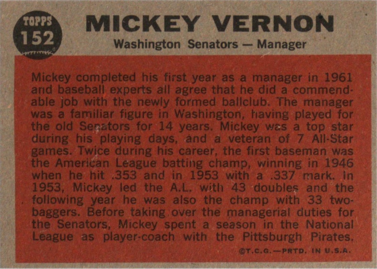1962 Topps #152 Mickey Vernon card back
