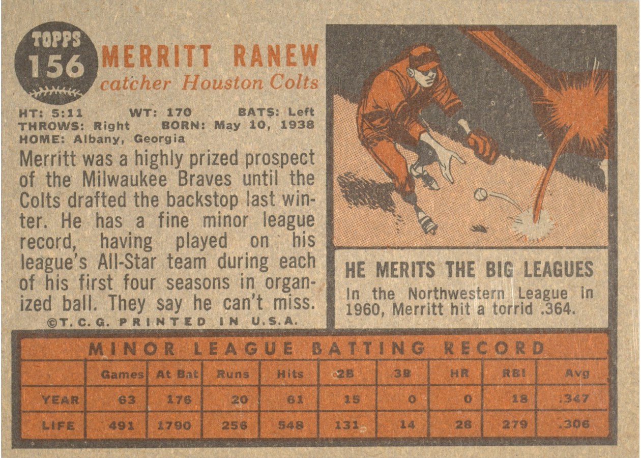 1962 Topps #156 Merritt Ranew card back
