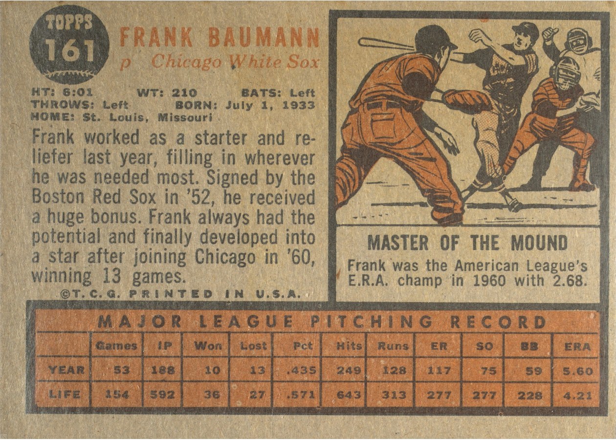 1962 Topps #161 Frank Baumann card back