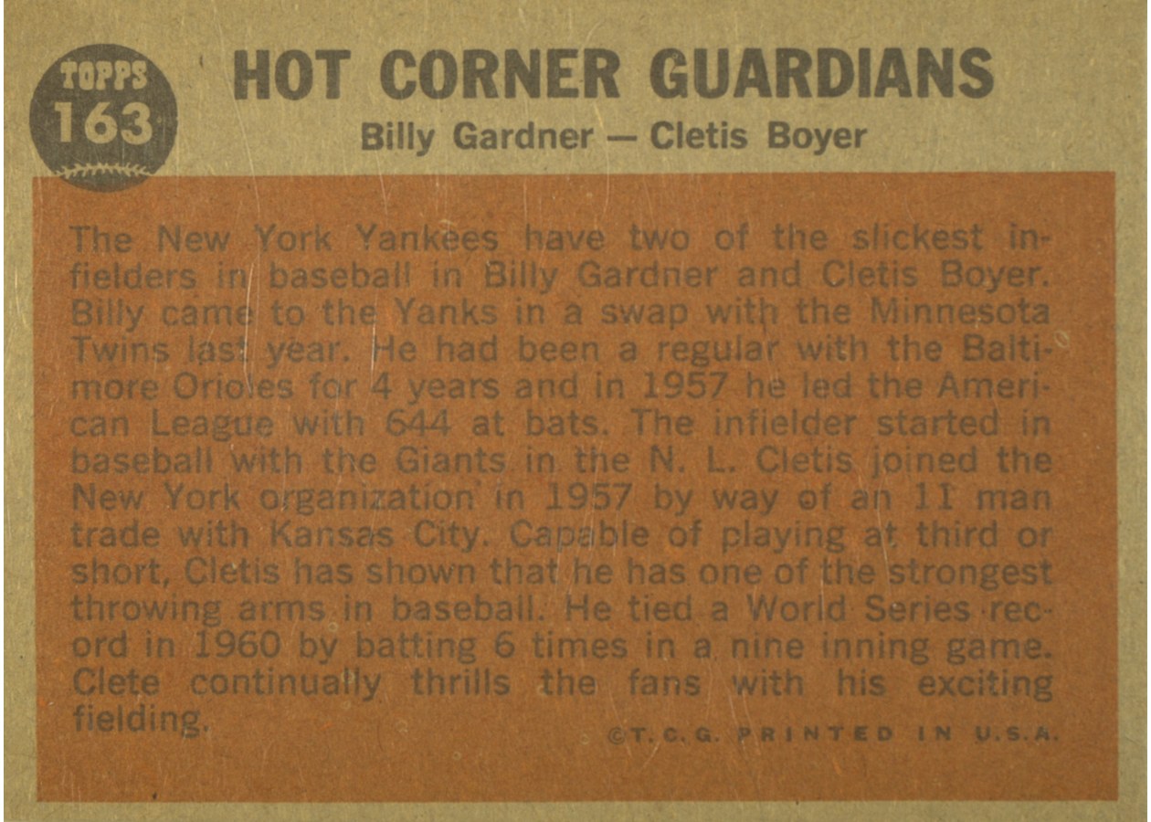 1962 Topps #163 Hot Corner Guardians card back