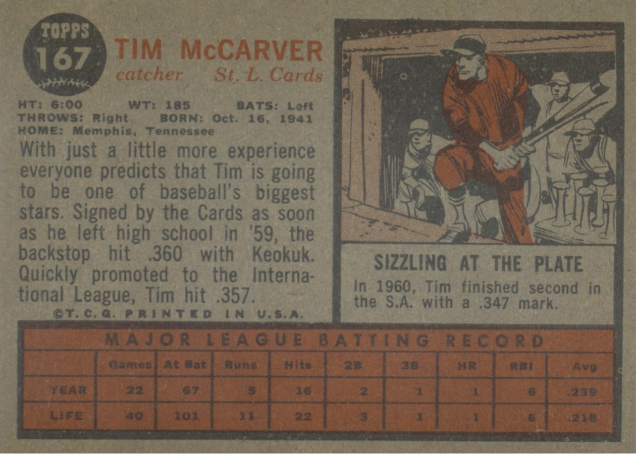 1962 Topps #167 Tim McCarver card back