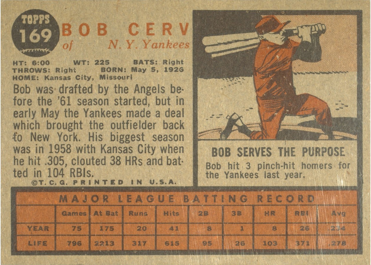 1962 Topps #169 Bob Cerv card back