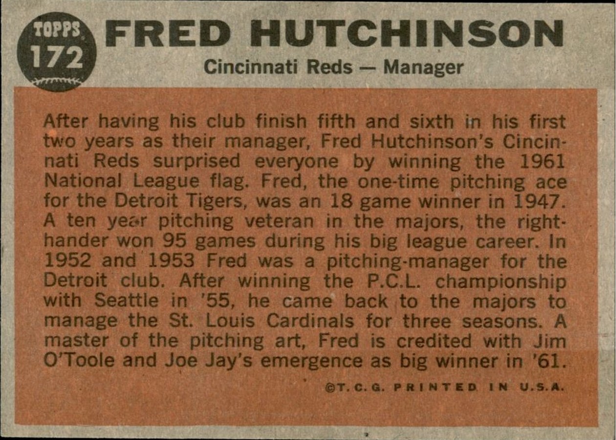 1962 Topps #172 Fred Hutchinson card back