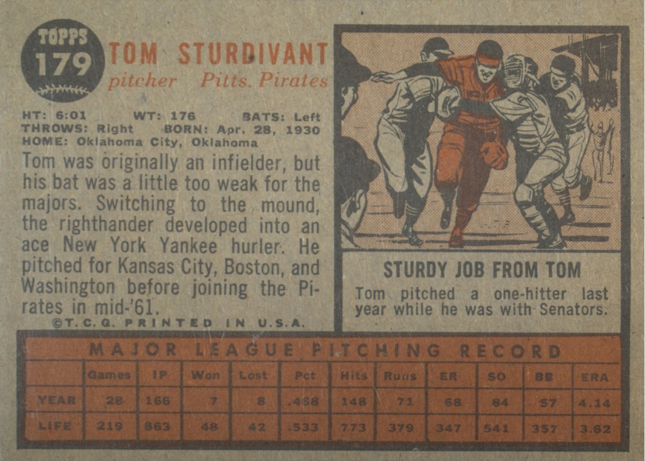 1962 Topps #179 Tom Sturdivant card back