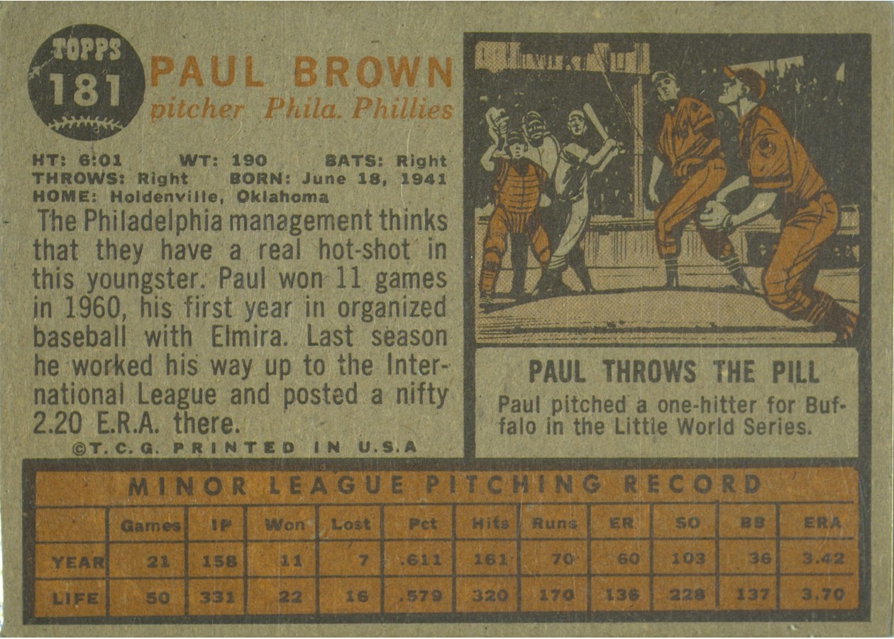 1962 Topps #181 Paul Brown card back