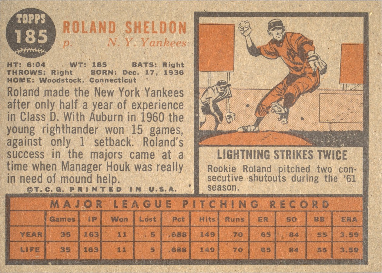 1962 Topps #185 Roland Sheldon card back