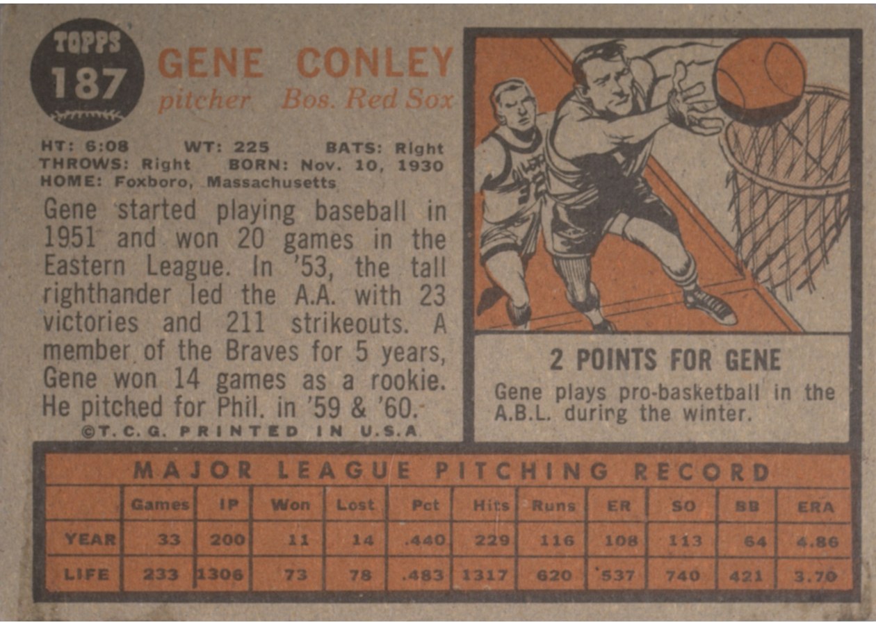 1962 Topps #187 Gene Conley card back