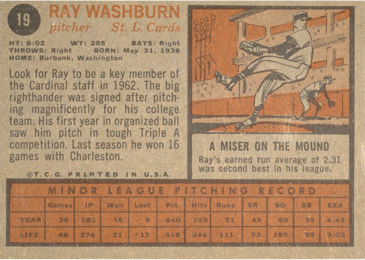 1962 Topps #19 Ray Washburn card back