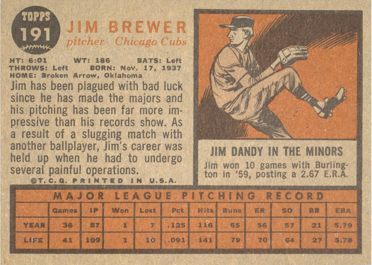 1962 Topps #191 Jim Brewer card back