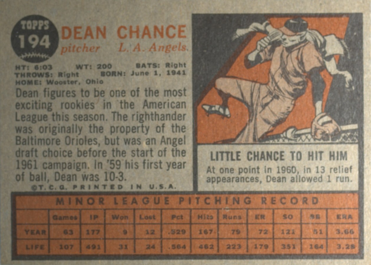 1962 Topps #194 Dean Chance card back